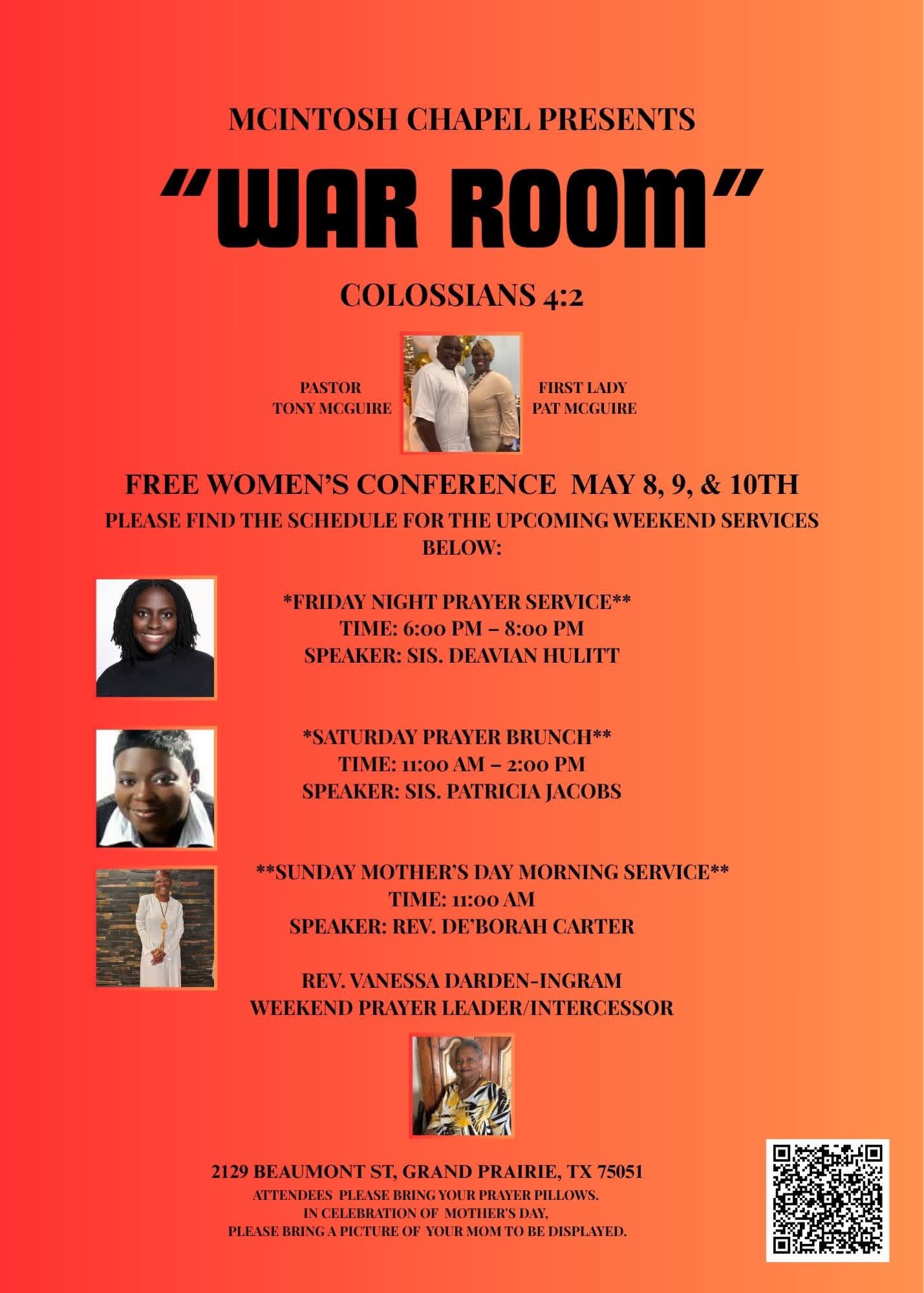 McIntosh Chapel presents War Room - Free Women's Conference May 8, 9 & 10